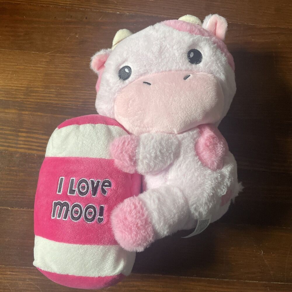 10" Play Right Hug Me Plush Pink I Love Moo Cow Toy Animal